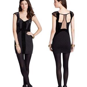 Free People Women's Black Velvet Madeline Mini Bodycon Dress Size XXS Lace